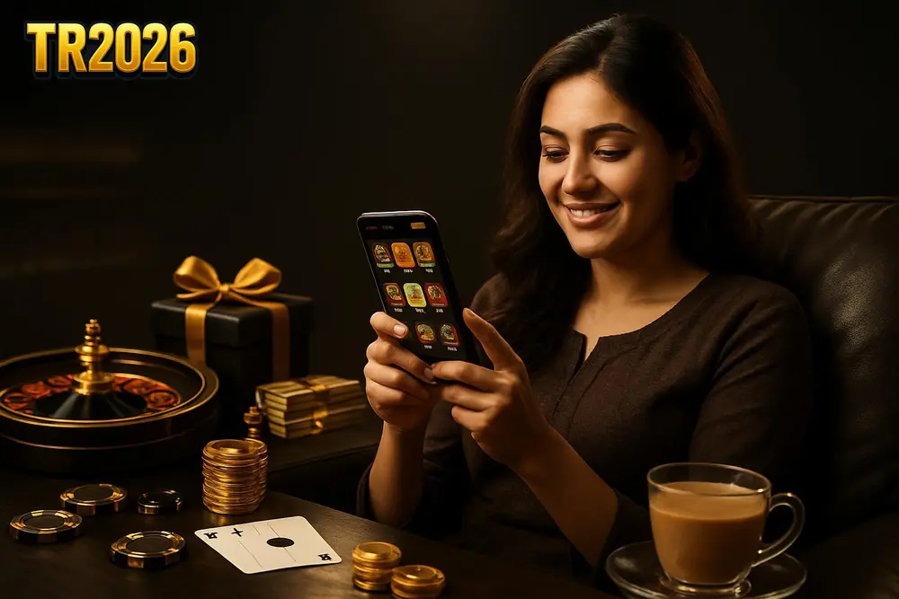 TR2026 app โ a young Pakistani woman relaxing on a sofa with a phone showing colorful game icons and a cup of chai TR2026 app โ a young Pakistani woman relaxing on a sofa with a phone showing colorful game icons and a cup of chai