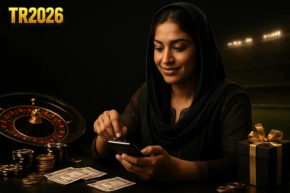 TR2026 deposit — a Pakistani woman at a small shop counter completing a mobile payment with coins and notes visible
