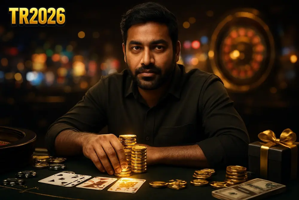 TR2026 games — a Pakistani man leaning over a card table stacked with glowing chips as colorful game lights shine