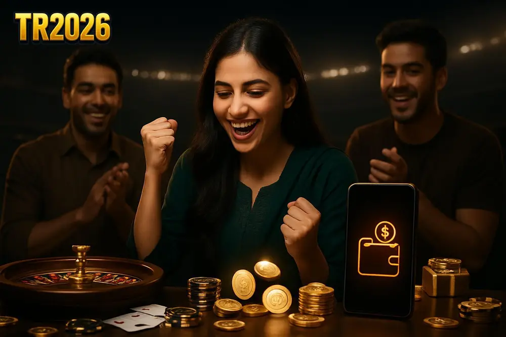 TR2026 Pakistan โ a Pakistani woman celebrating with friends around a table with glowing coins and a mobile wallet TR2026 Pakistan โ a Pakistani woman celebrating with friends around a table with glowing coins and a mobile wallet