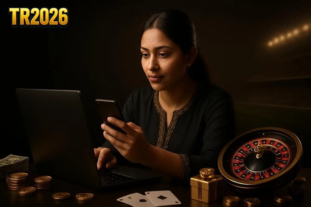 TR2026 register — a Pakistani woman using a laptop at a small home desk with a phone showing a glowing registration