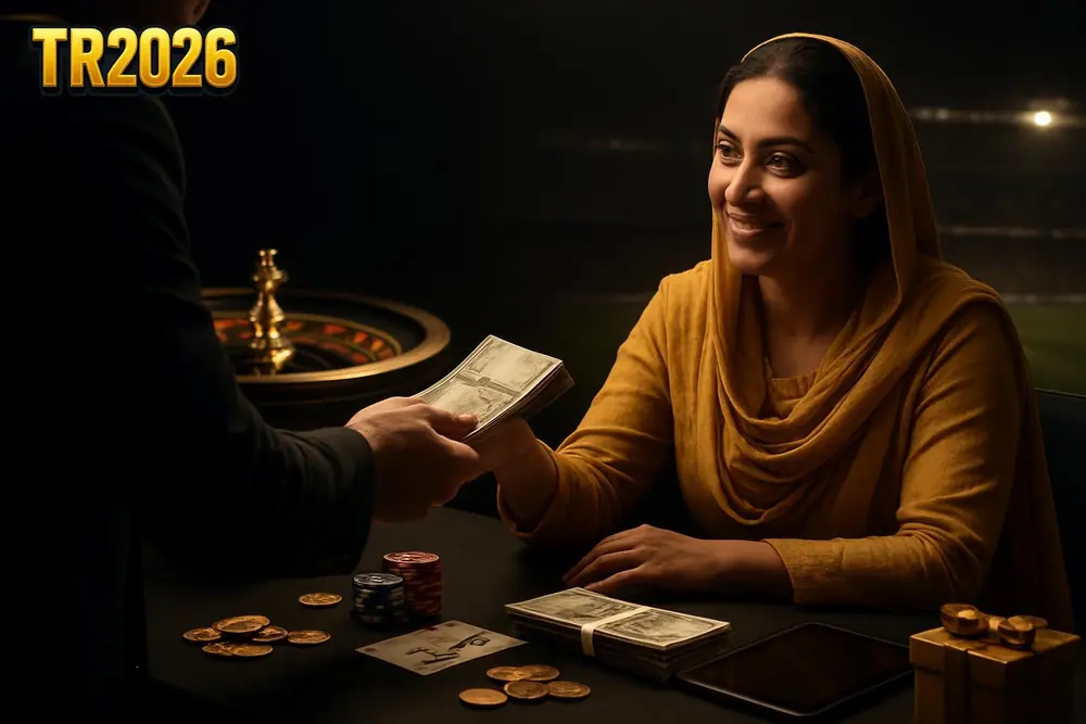 TR2026 withdraw — a Pakistani woman receiving cash from an agent counter with stacks of local currency notes on the